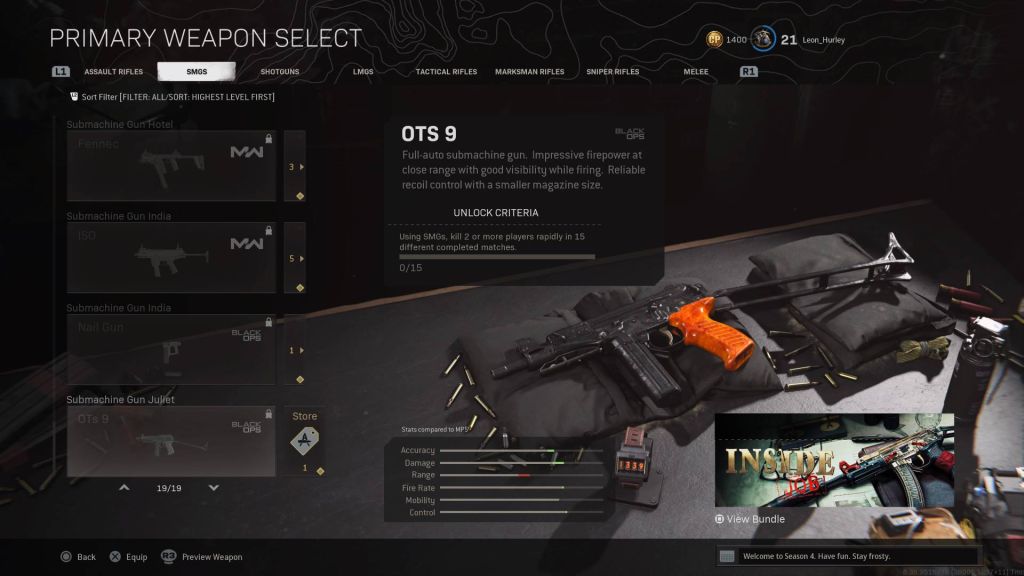 Лучшее снаряжение Warzone OTs 9 - легкий пистолет-пулемет с высокой скорострельностью